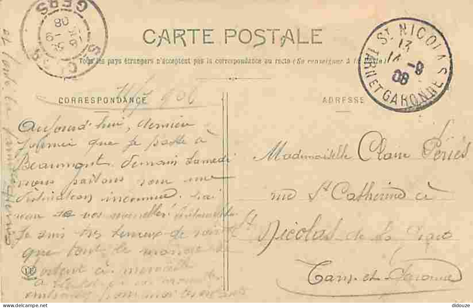 82 - Beaumont De Lomagne - Chute De La Gimone - Pont - Correspondance - Oblitération Ronde De 1908 - CPA - Voir Scans Re - Beaumont De Lomagne