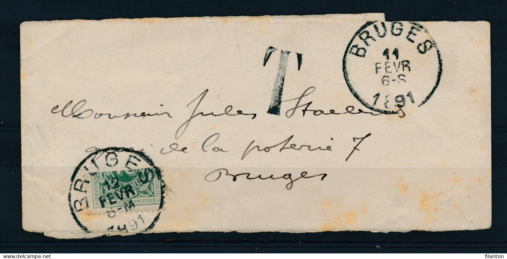 TX Nr 1 Gehalveerd - "BRUGES" Dd.11-02-1891 Op Adresband - Cote 45,00 € - Cartas & Documentos