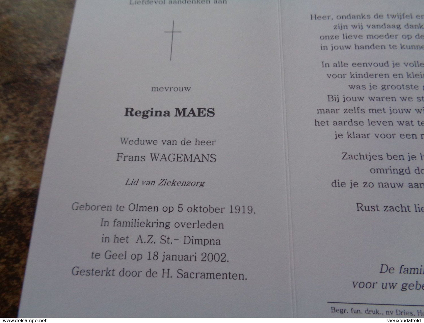 Doodsprentje/Bidprentje  Regina MAES   Olmen 1919-2002 Geel  (Wwe Frans WAGEMANS) - Religión & Esoterismo