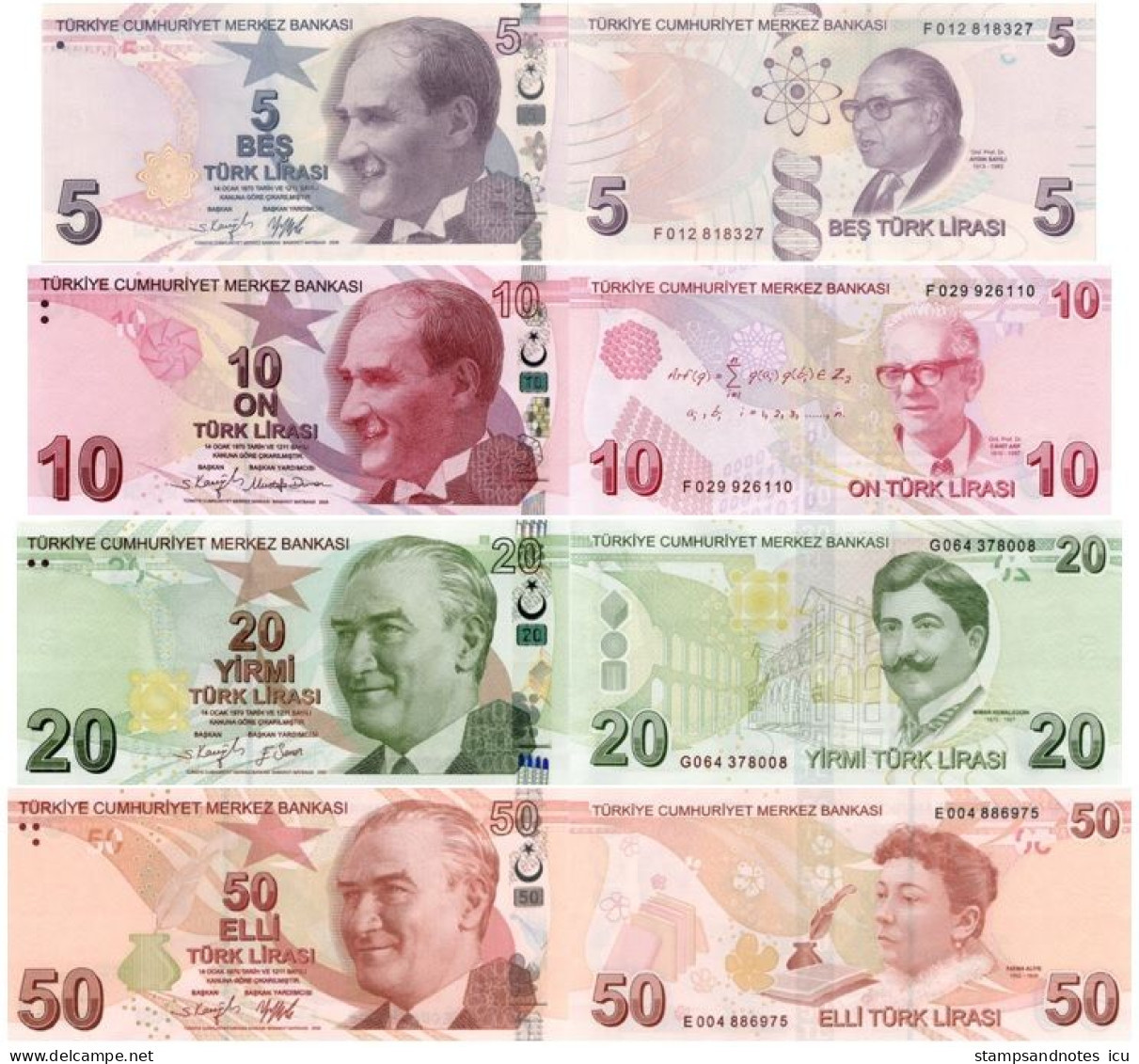 TURKEY 5 10 20 50 Lirasi L. 1970 / 2009 P 222 223 224 225 UNC 4 Banknotes - Turchia