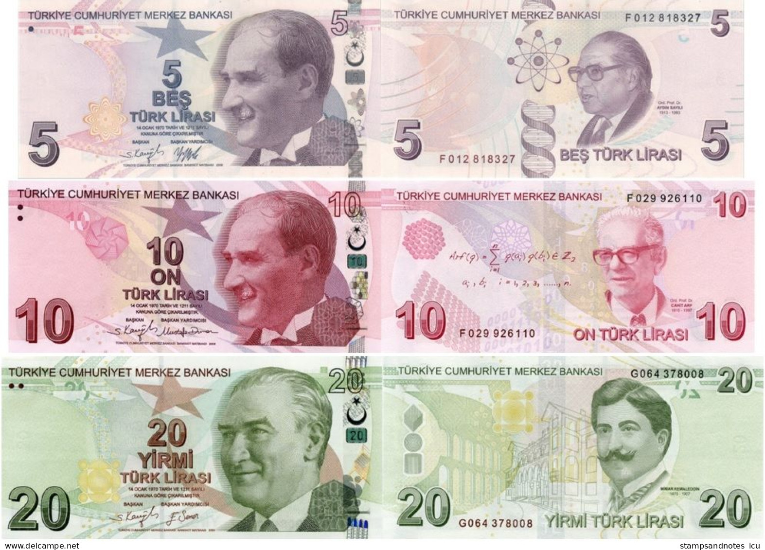 TURKEY 5 10 20 Lirasi L. 1970 / 2009 P 222 223 224 UNC 3 Banknotes - Turchia