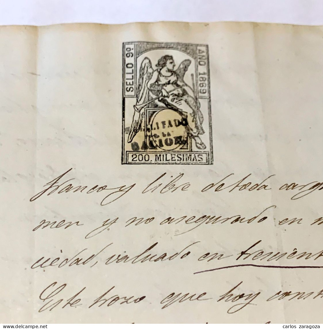 ESPAÑA 1869—TIMBRE FISCAL De 200 Milesimas HABILITADO—Pliego Completo, 4 Pág. Marca De Agua—TIMBROLOGIA - Fiscaux