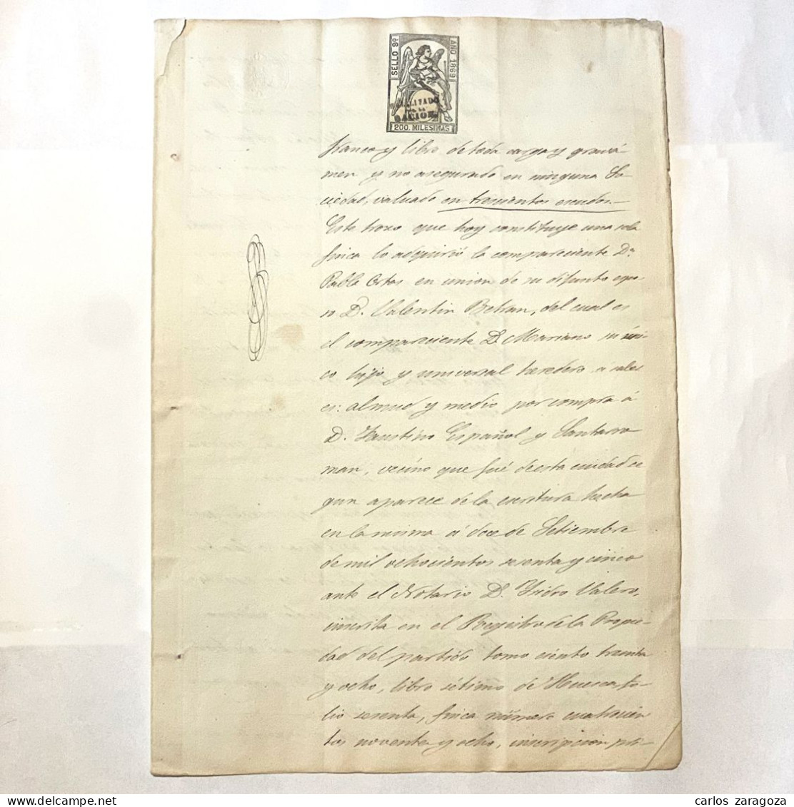 ESPAÑA 1869—TIMBRE FISCAL De 200 Milesimas HABILITADO—Pliego Completo, 4 Pág. Marca De Agua—TIMBROLOGIA - Fiscales