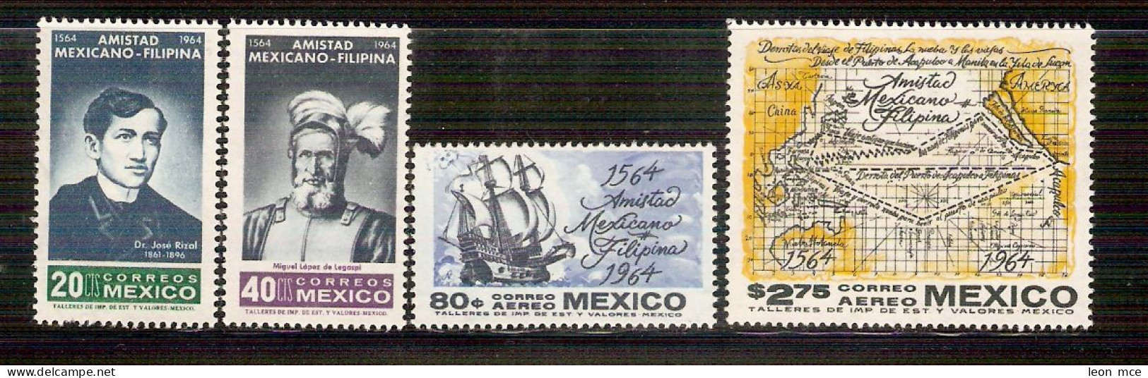 1964 MÉXICO 400 AÑOS AMISTAD MEX. FILIPINAS Sc. 956-957, C300-C301 (4) MNH. 400 YEARS OF MEXICO-PHILIPPINES FRIENDSHIP - Messico