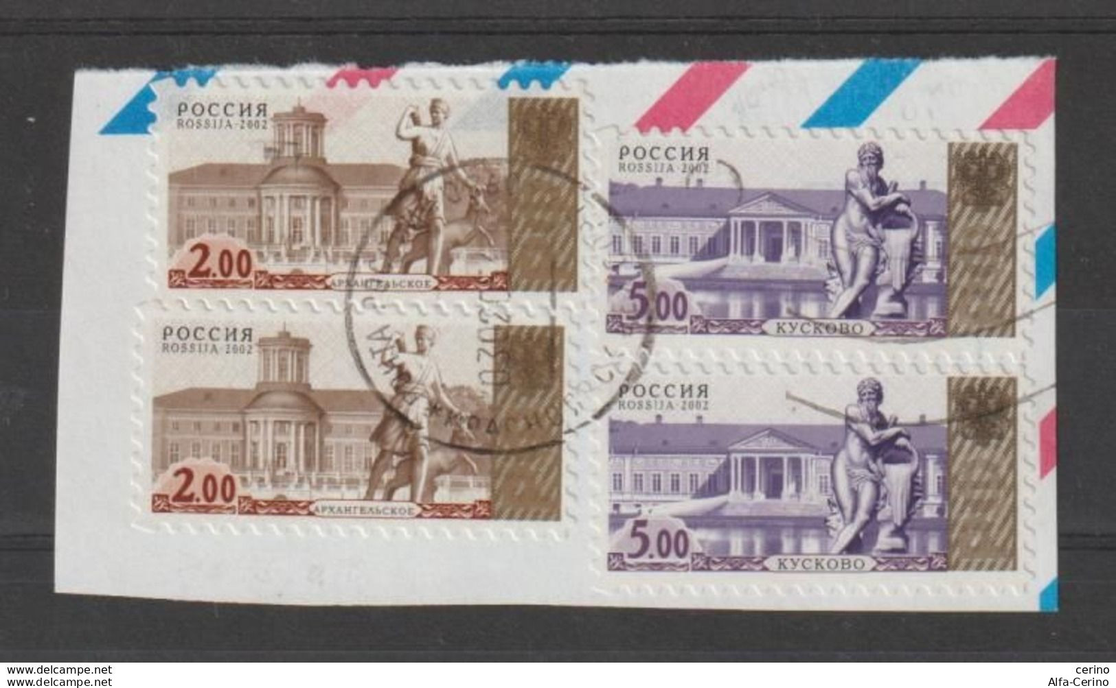 RUSSIA:  2002  EDIFICI  -  N° 6688x2 + 6692x2  SU  PICCOLO  FRAMMENTO - Usati