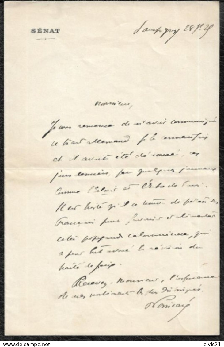 Autographe Du Président Raymond POINCARE. Lettre Du SENAT. SAMPIGNY - Politicians  & Military