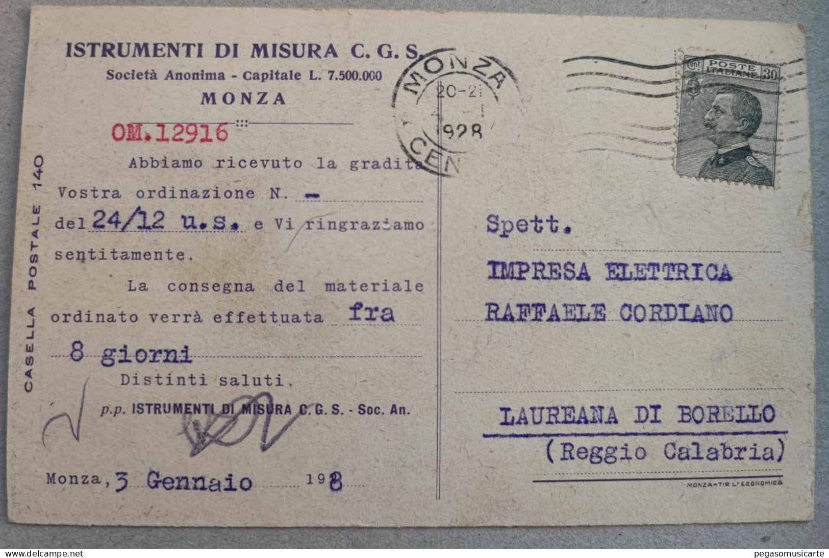 BF009 ISTRUMENTI DI MISURA C.G.S. MONZA  AEROFOTOGRAFIA STABILIMENTO LAUREANA DI BORELLO REGGIO CALABRIA 1928 - Industrie