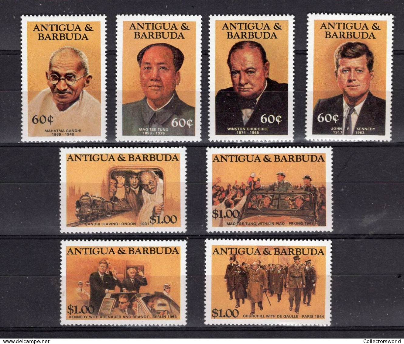 Antigua Barbuda Serie 8v Politicians Churchill Kennedy Gandhi Mao Train Military De Gaulle MNH - Antigua En Barbuda (1981-...)