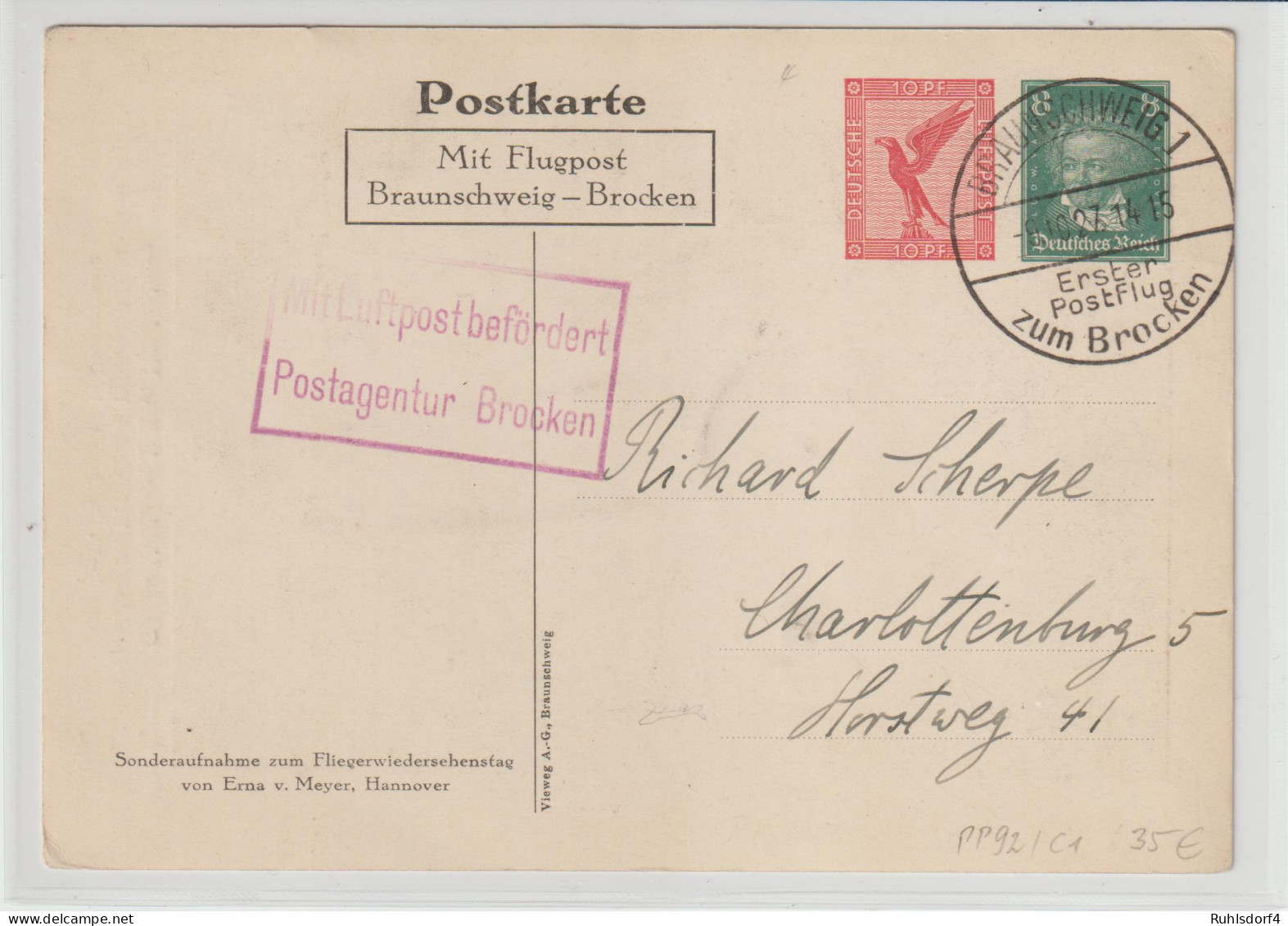 DR, Flugpost-Karte Braunschweig-Brocken Mi.-Nr. PP 92 C1, Gelaufen. - Poste Aérienne & Zeppelin