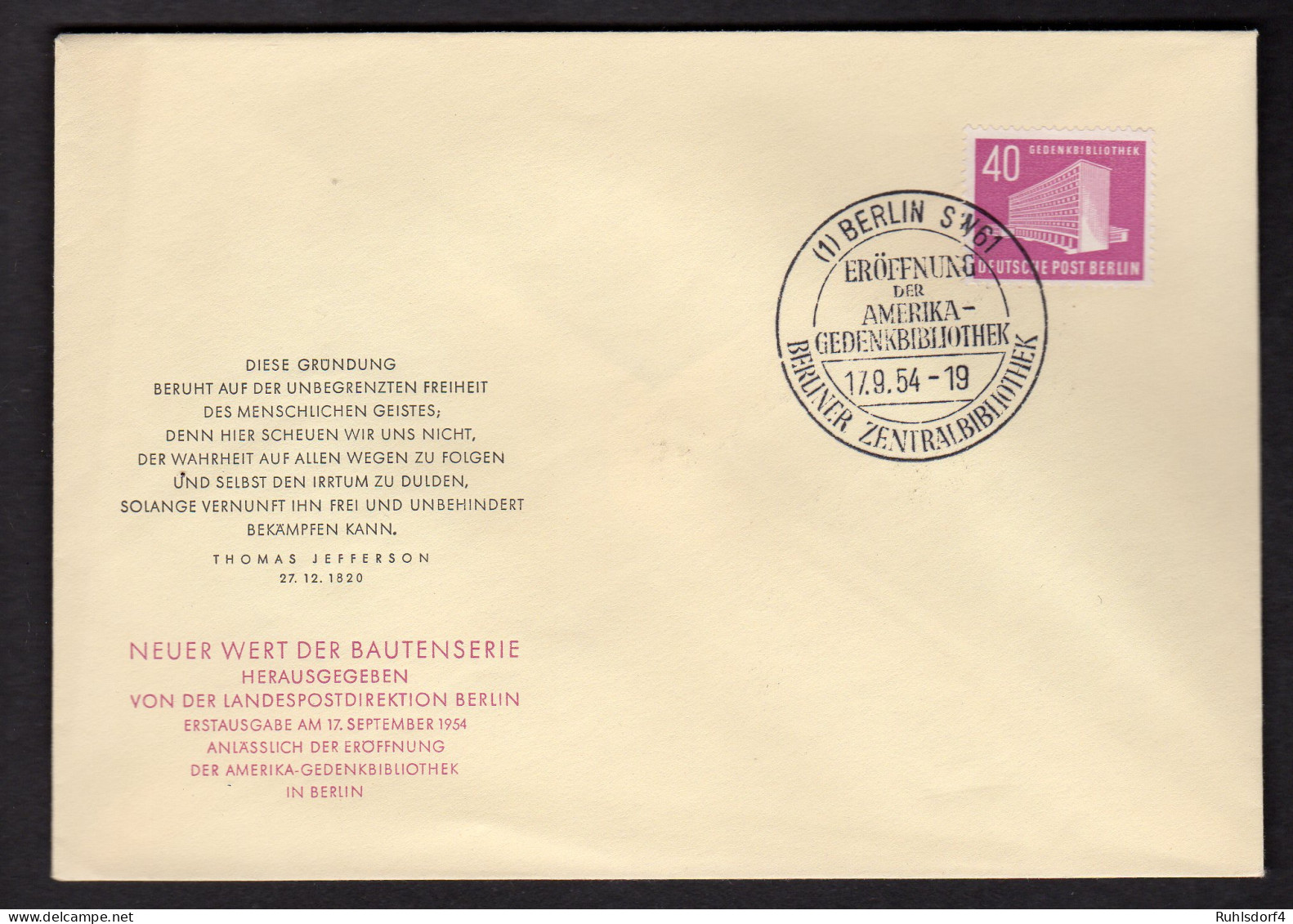 Berlin, FDC. Mi.-Nr. 122 - Amerika-Gedenkbibliothek - Altri & Non Classificati