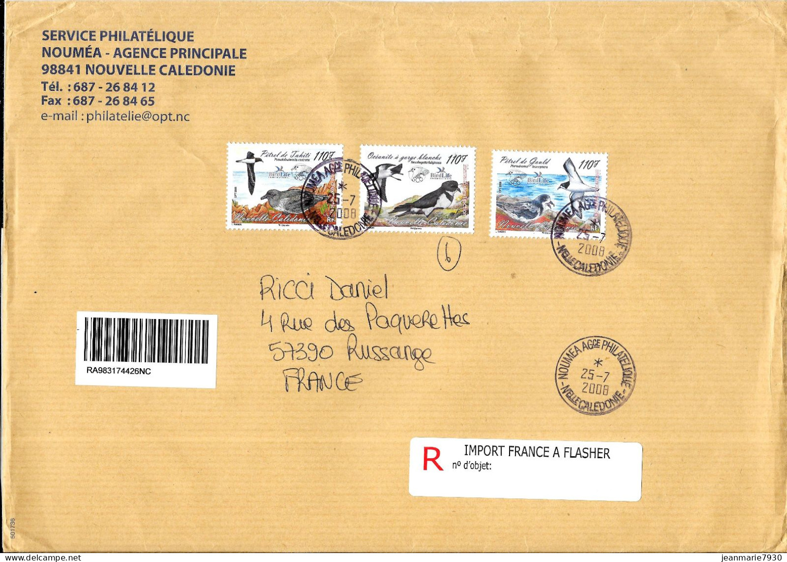 M141 - NOUVELLE CALEDONIE - LETTRE RECOMMANDEE DE NOUMEA SERVICE PHILATELIQUE DU 25/07/08 - Covers & Documents