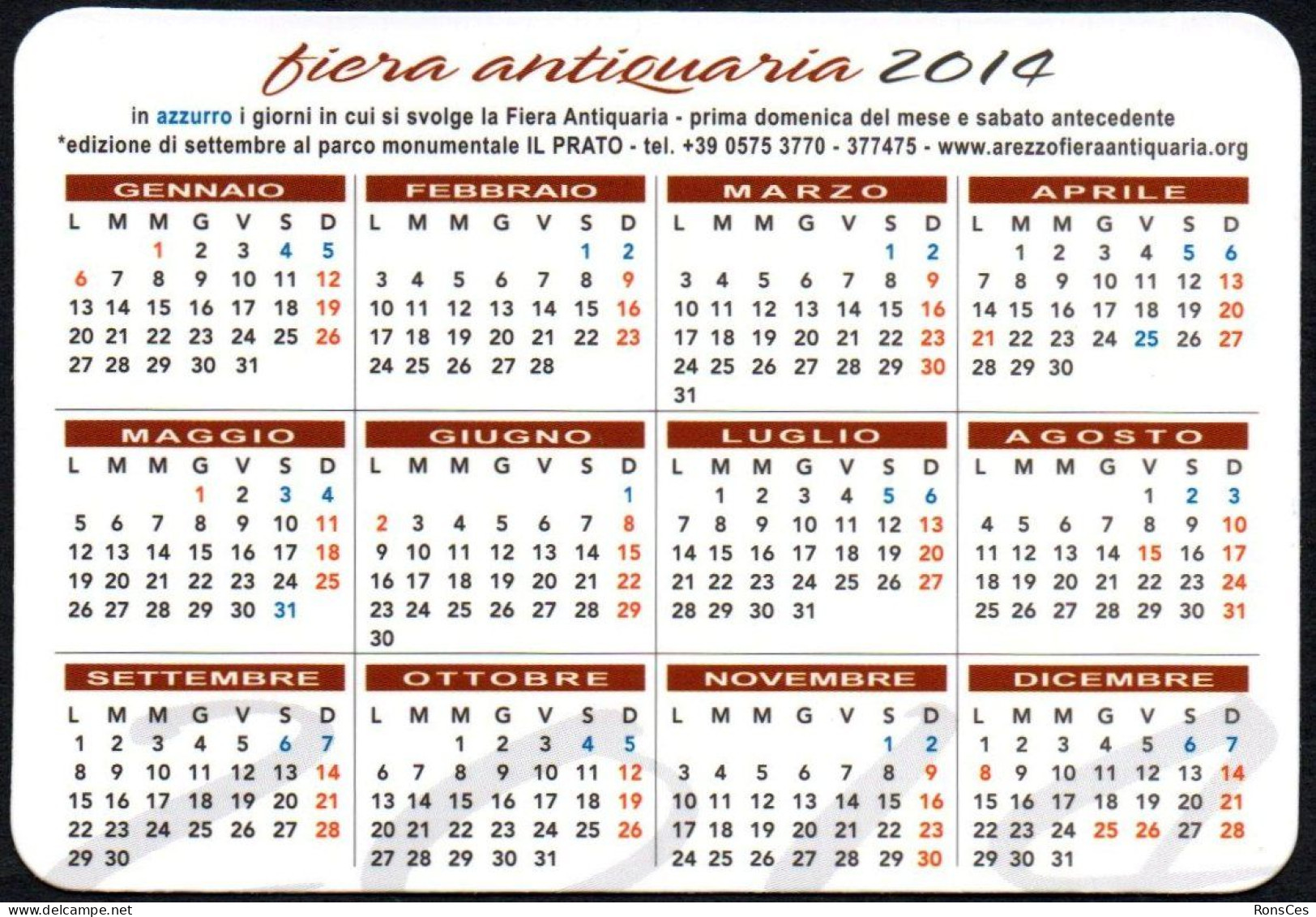 ITALIA 2014 - CALENDARIO TASCABILE - FIERA ANTIQUARIA DI AREZZO 2014 - I - Formato Piccolo : 2001-...