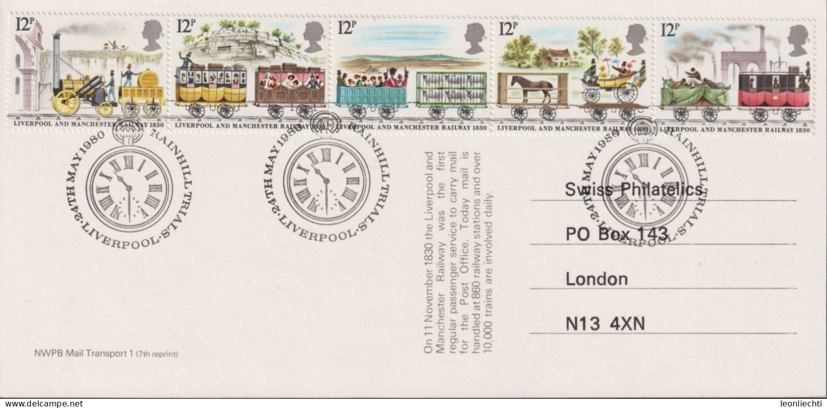 1980 Grossbritanien Karte FDC  Mi:GB 830-834, Yt:GB 926-930, Sg:GB 1113-1117, Liverpool & Manchester Railway - Trains