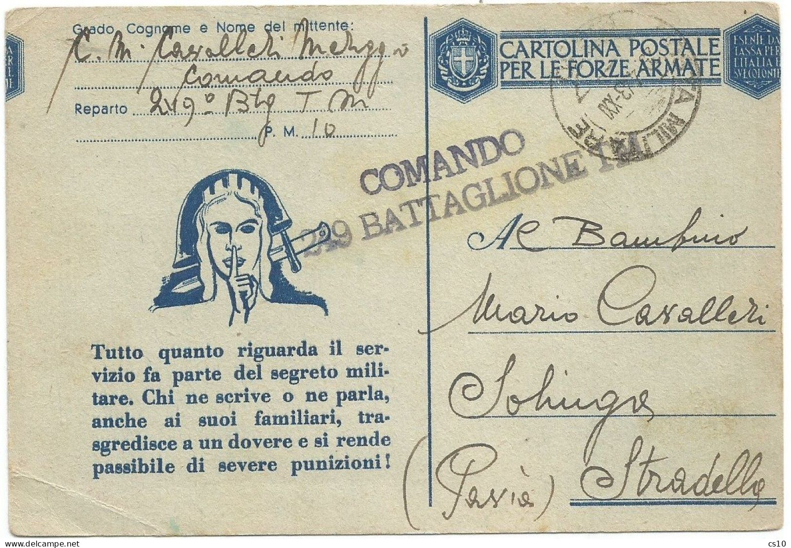 Cartolina Postale FFAA Franchigia Da PM10 Il 29apr1943 X Stradella - Bella Varietà Taglio Spostato Orizzontalmente - Stamped Stationery
