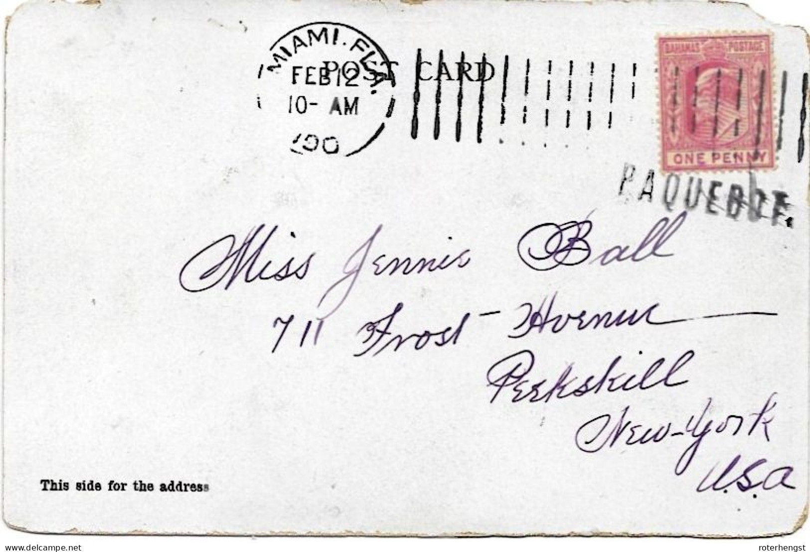 Bahamas Old 190x Postcard Miami Paquebot Cancels To New York - 1859-1963 Colonie Britannique