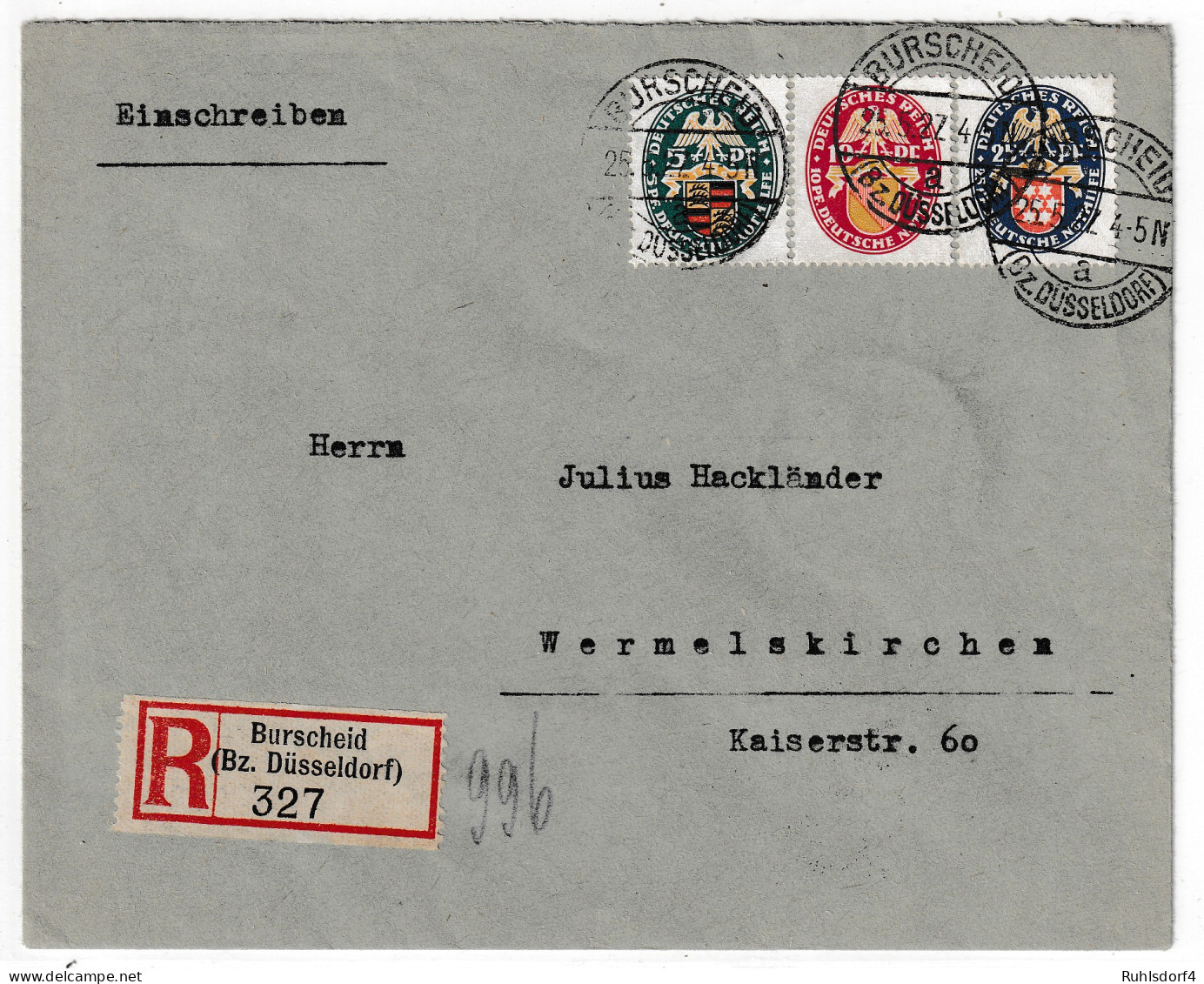 3. Reich: Nothilfe Landeswappen Sauber Auf Einschreibbrief - Other & Unclassified