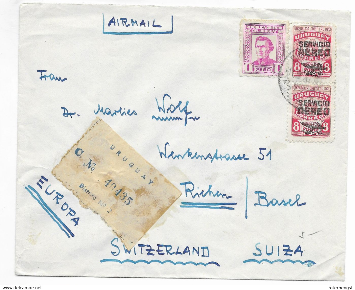 Uruguay 1957 Airmail Registered To Switzerland (arrival Cancel On Back) Vitoria Plaza Hotel Montevideo On Back - Uruguay