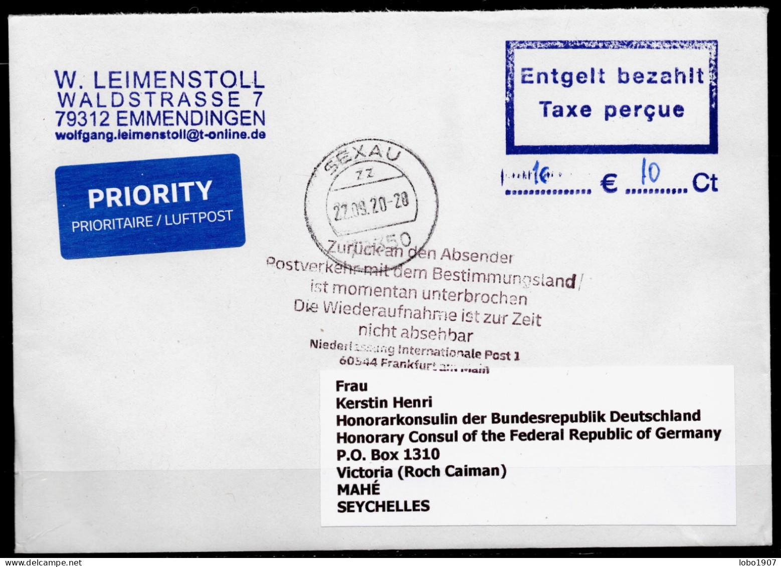 Corona Covid 19 Postal Service Interruption "Zurück An Den Absender... " Reply Coupon Paid Cover To MAHÉ, SEYCHELLES - Seychelles (1976-...)