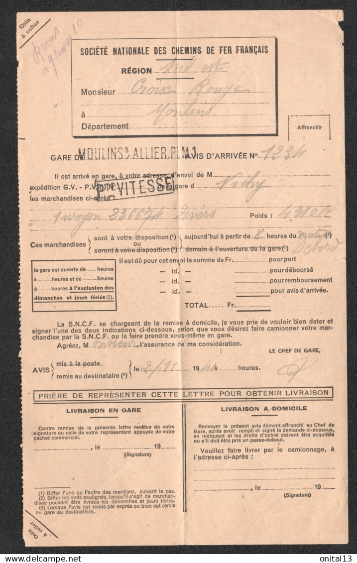 1941 AVIS D'ARRIVEE DE SOCIETE NATIONALE DES CHEMINS DE FER FRANCAIS A CROIX ROUGE MOULINS SNCF PLM F149 - Chemin De Fer