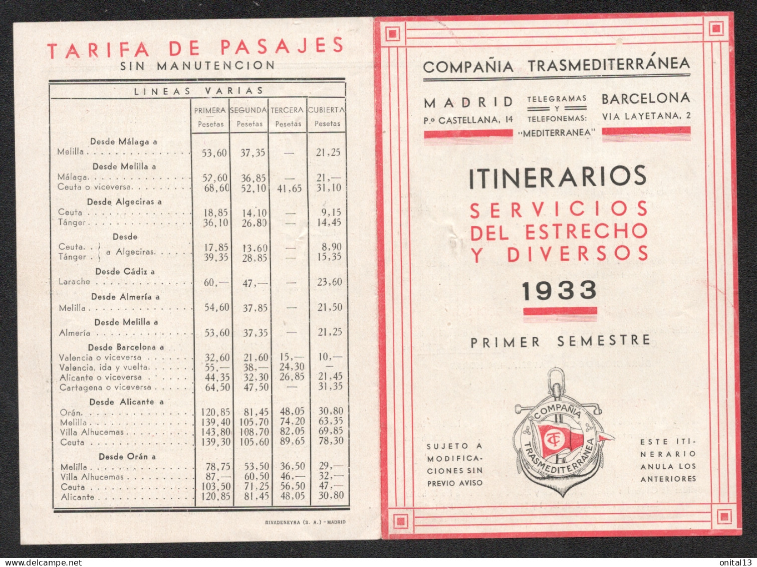 1933 HORAIRES ITINERAIRES / COMPANIA TRASMEDITERRANEA F150 - Spanje