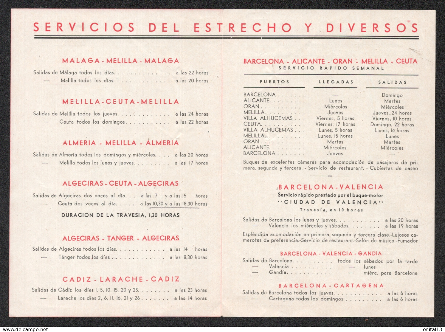 1933 HORAIRES ITINERAIRES / COMPANIA TRASMEDITERRANEA F150 - Spain