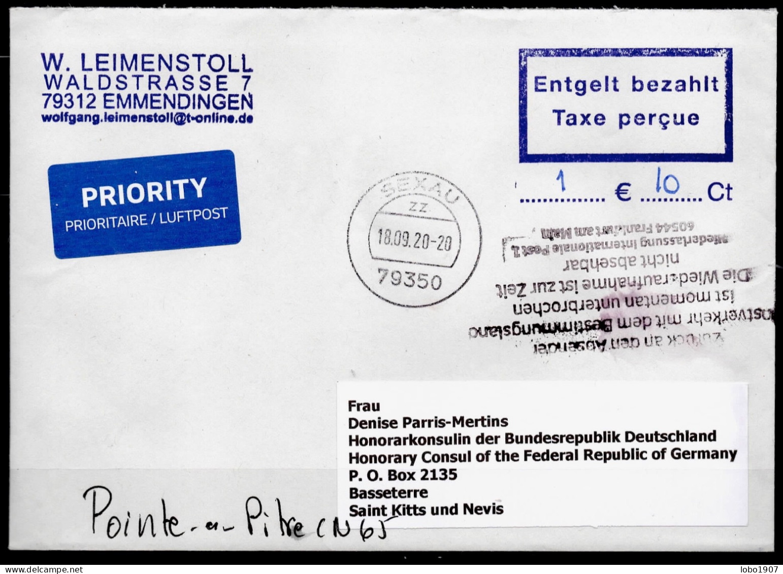 Corona Covid 19 Postal Service Interruption "Zurück An Den Absender... " Reply Coupon Paid Cover To ST. KITTS And NEVIS - St.Kitts And Nevis ( 1983-...)