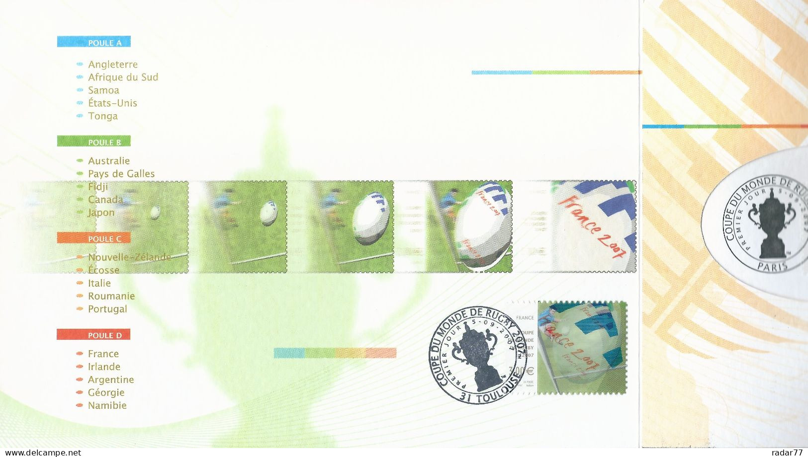 Document Commémoratif 6 Pages Coupe Du Monde De Rugby 2007 Avec Cachet 1er Jour FDC Saint-Denis - 05/09/2007 - 2000-2009