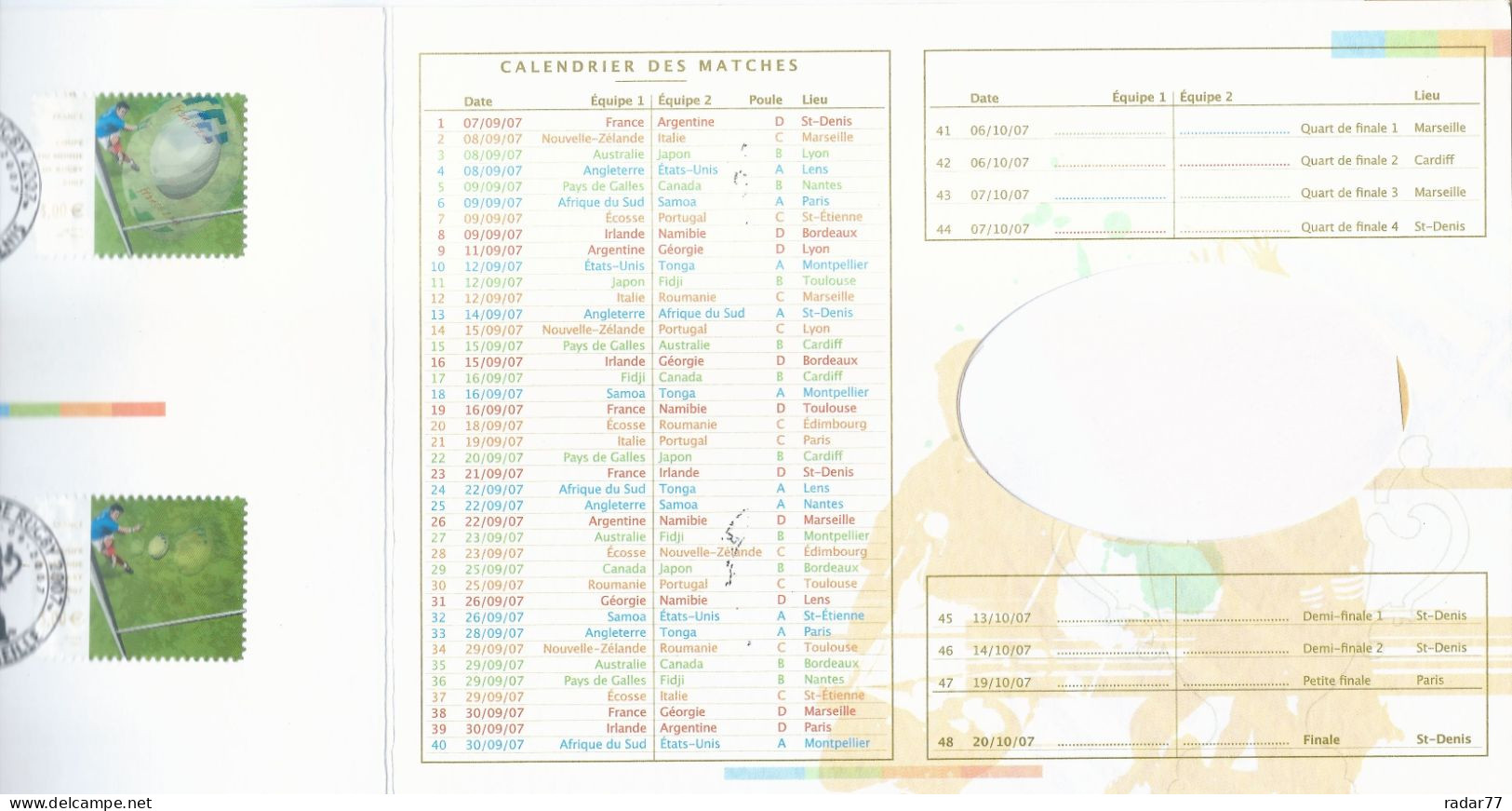 Document Commémoratif 6 Pages Coupe Du Monde De Rugby 2007 Avec Cachet 1er Jour FDC Saint-Denis - 05/09/2007 - 2000-2009