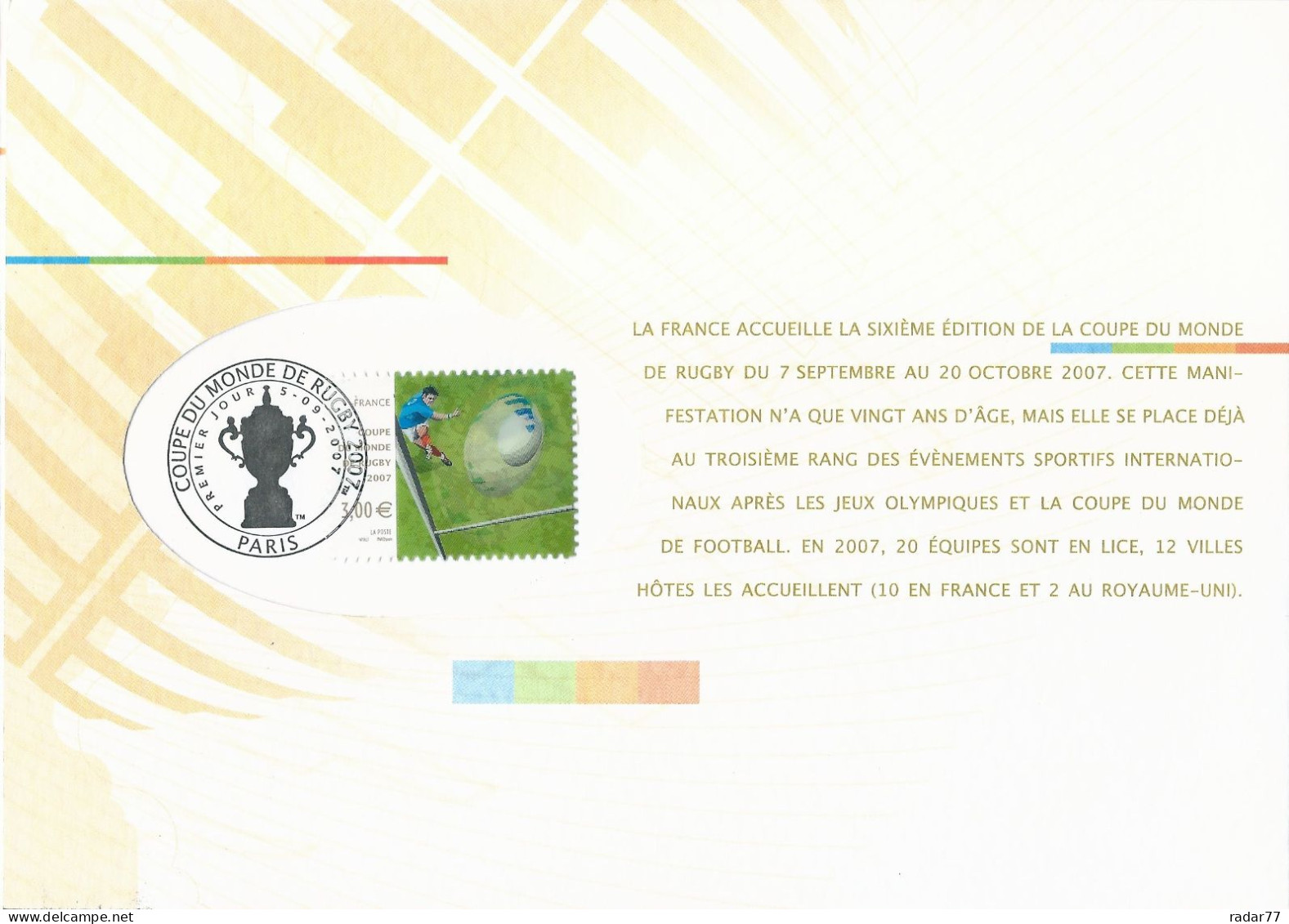 Document Commémoratif 6 Pages Coupe Du Monde De Rugby 2007 Avec Cachet 1er Jour FDC Saint-Denis - 05/09/2007 - 2000-2009