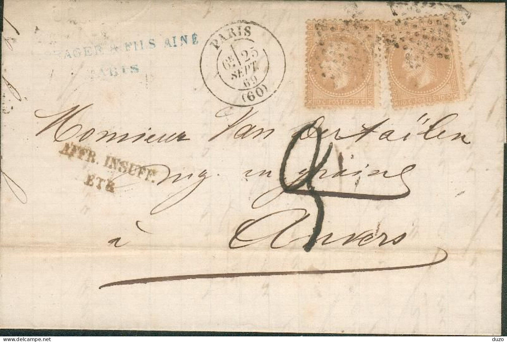 1869 -  LAC  2 X1 Y&T N° 28A Oblit Etoile De Paris - Taxée Affranchissement Insuffisant Pour (Anvers Belgique) - 1859-1959 Lettres & Documents