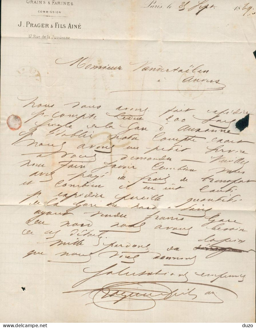 1869 -  LAC  2 X1 Y&T N° 28A Oblit Etoile De Paris - Taxée Affranchissement Insuffisant Pour (Anvers Belgique) - 1859-1959 Lettres & Documents