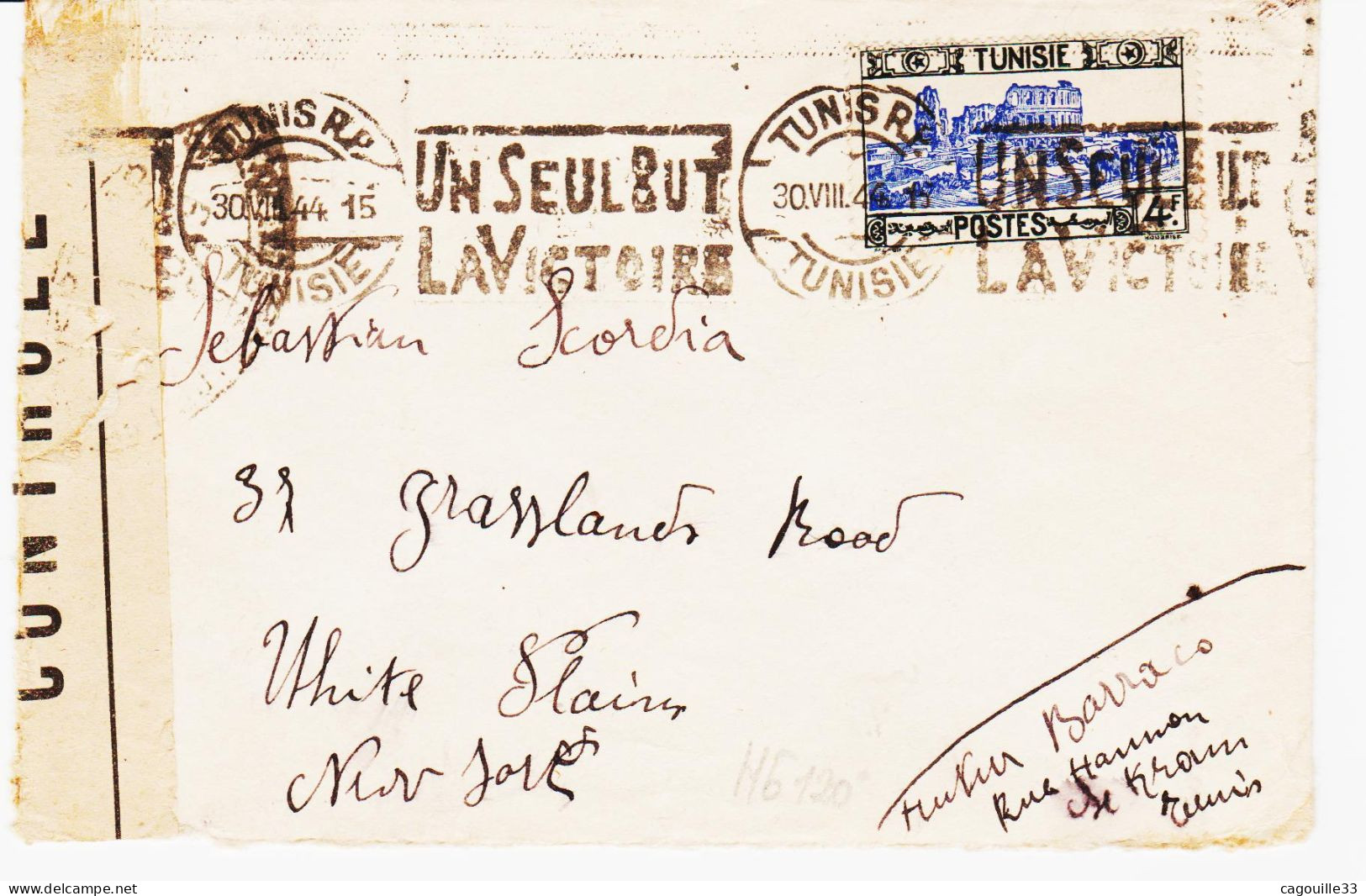 Tunisie, De Tunis Rp En 1944, Un Seul But La Victoire Pour Les Usa  Et Control Postal TB - Covers & Documents