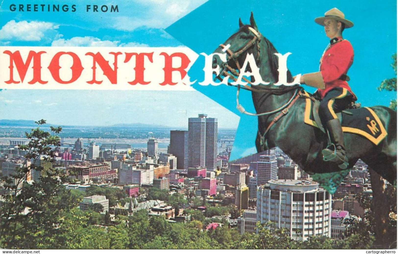 Canada Greetings From Montreal Cityscape & Mounted Police Officer In Uniform - Montreal