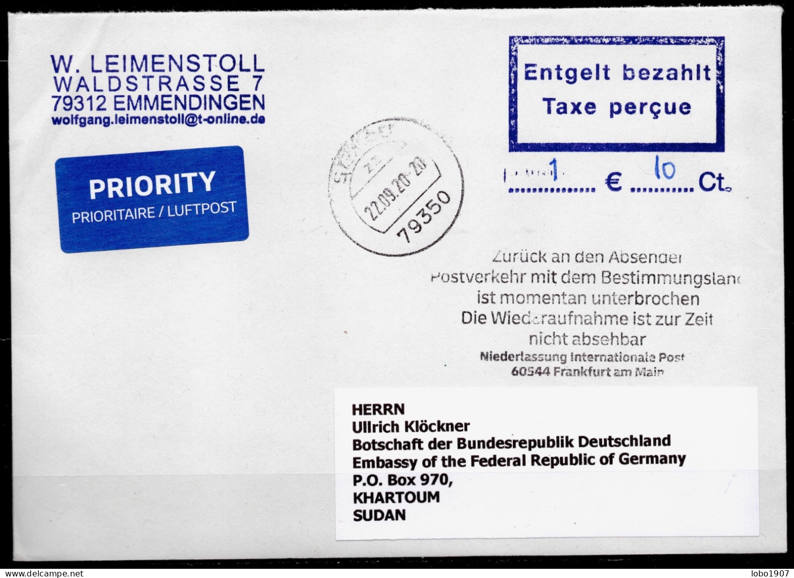 Corona Covid 19 Postal Service Interruption "Zurück An Den Absender... " Reply Coupon Paid Cover To KHARTOUM SUDAN - Enfermedades