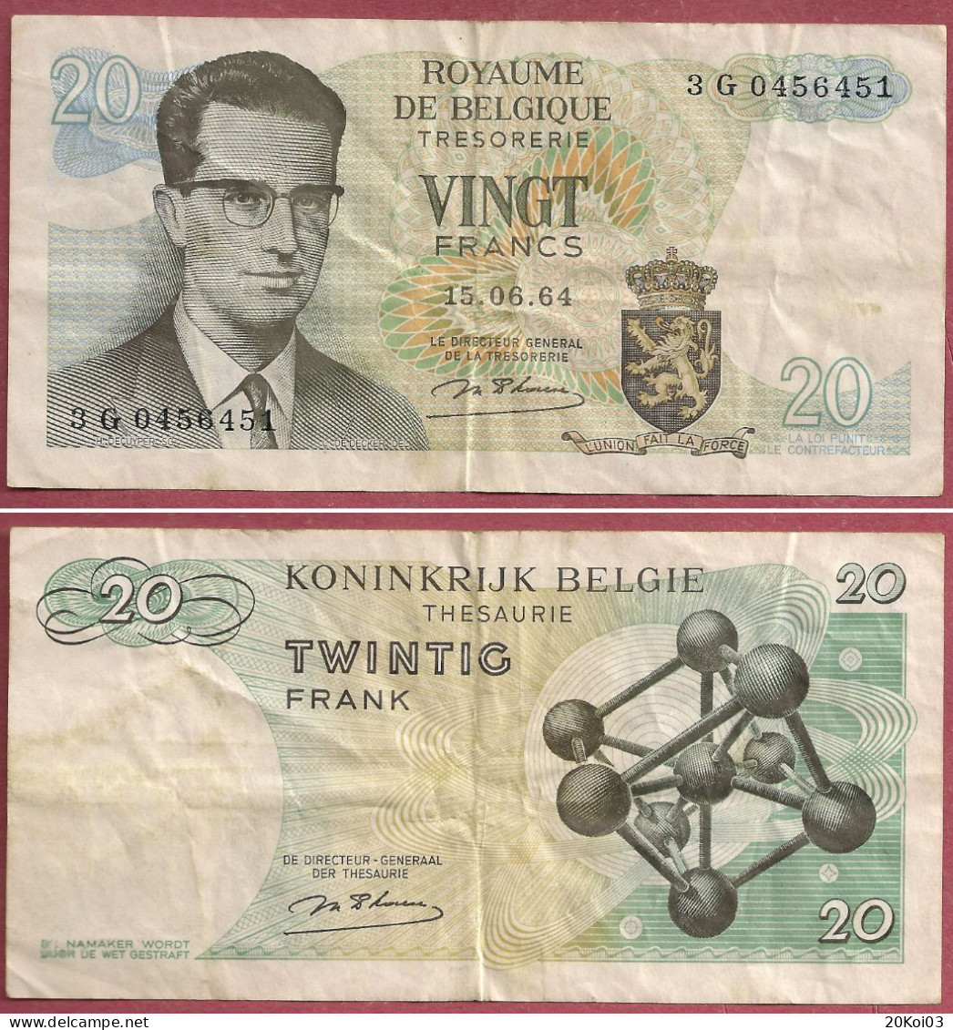 Billet 20  VINGT FRANCS BELGIQUE - 20 TWINTIG FRANK  N°3 G 0456451 - 15.06.64 (EC) - Otros & Sin Clasificación