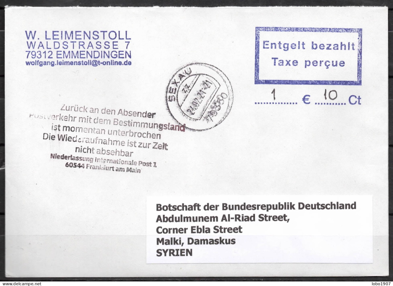 Corona Covid 19 Postal Service Interruption "Zurück An Den Absender... " Reply Coupon Paid Cover To DAMASCUS SYRIA - Syrië