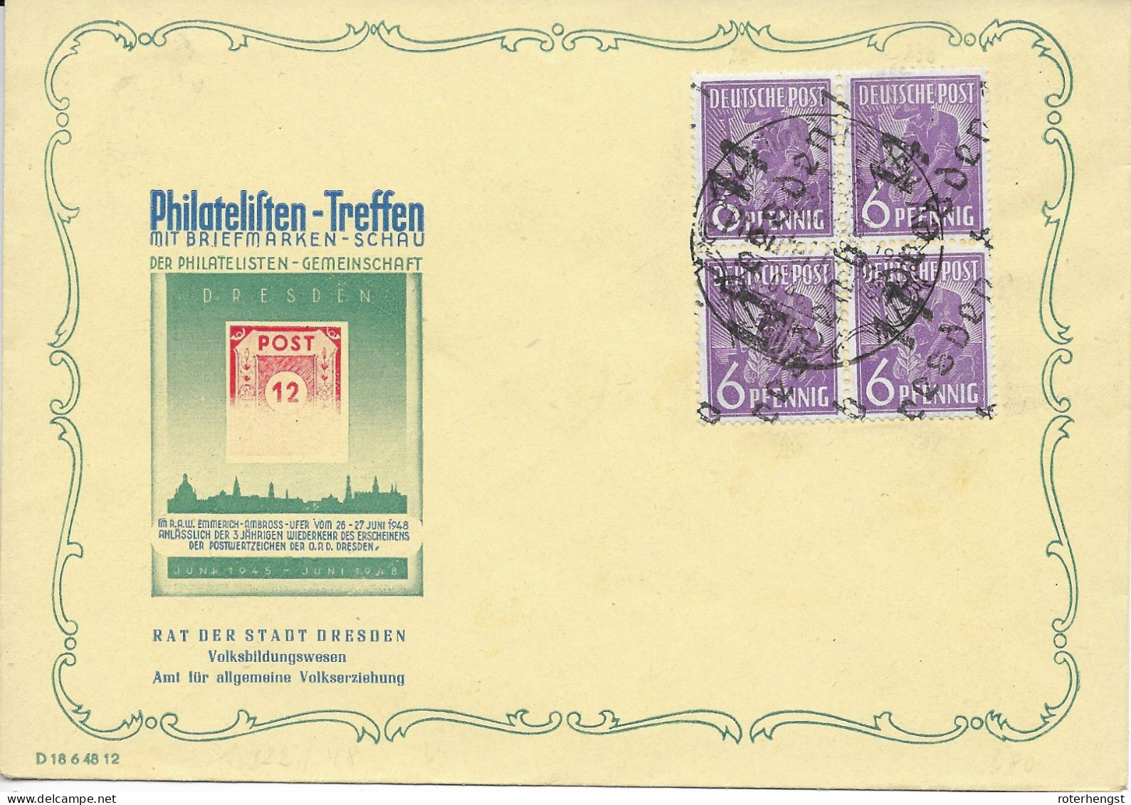 Philatelistic Envelope With 26. June 1948 (almost FDC) Special Cancel On Dresden 14 Overprint Bloc - Lettres & Documents