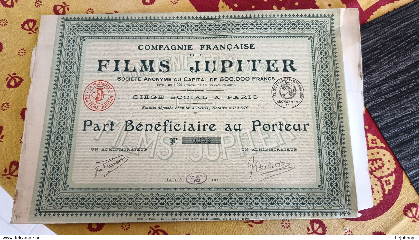 Lot De 2 Actions Films Jupiter 1 Part Bénéficiaire + 1 Action 100 Francs (5000 Exemplaires) - Otros & Sin Clasificación