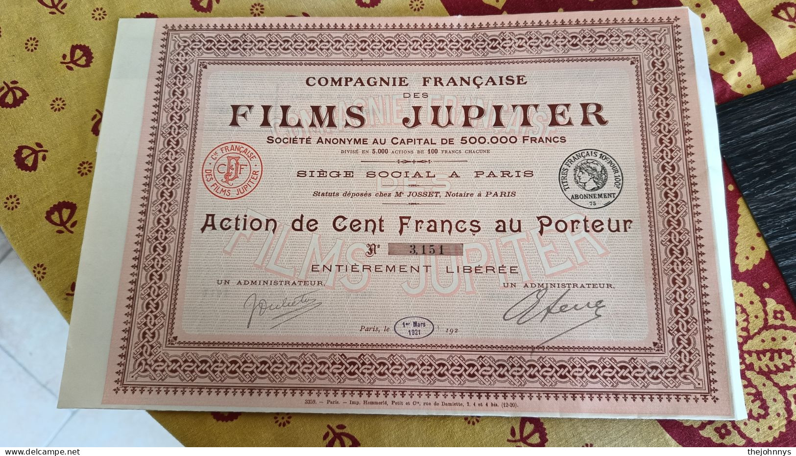 Lot De 2 Actions Films Jupiter 1 Part Bénéficiaire + 1 Action 100 Francs (5000 Exemplaires) - Autres & Non Classés