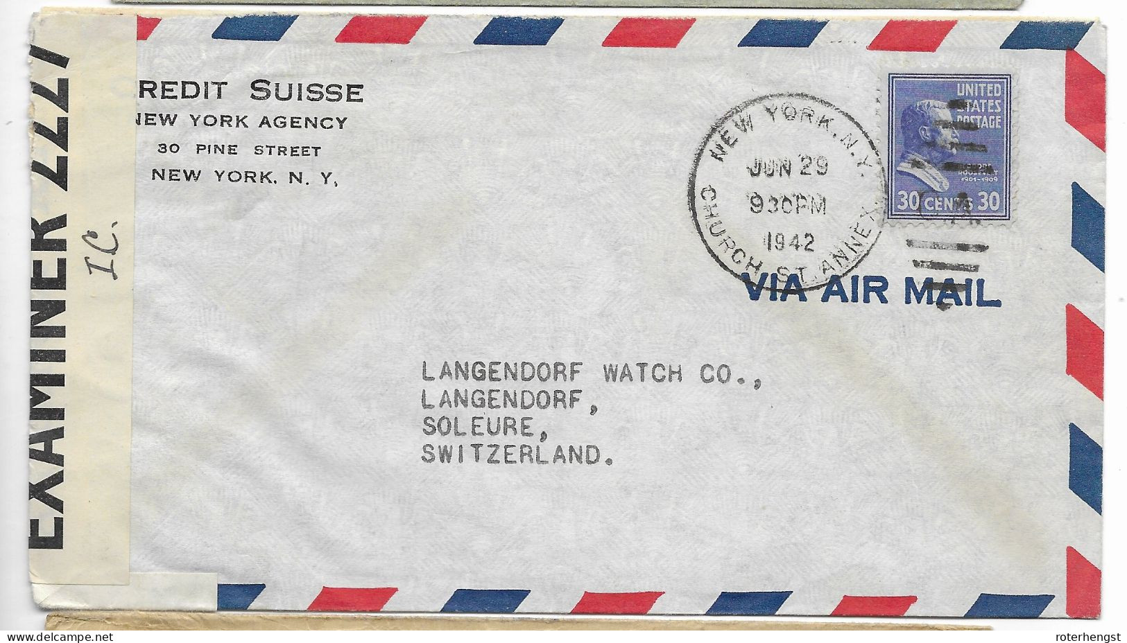 USA  Examined Letter To Switzerland Credit Suisse 1942 Church St Anne New York - Covers & Documents