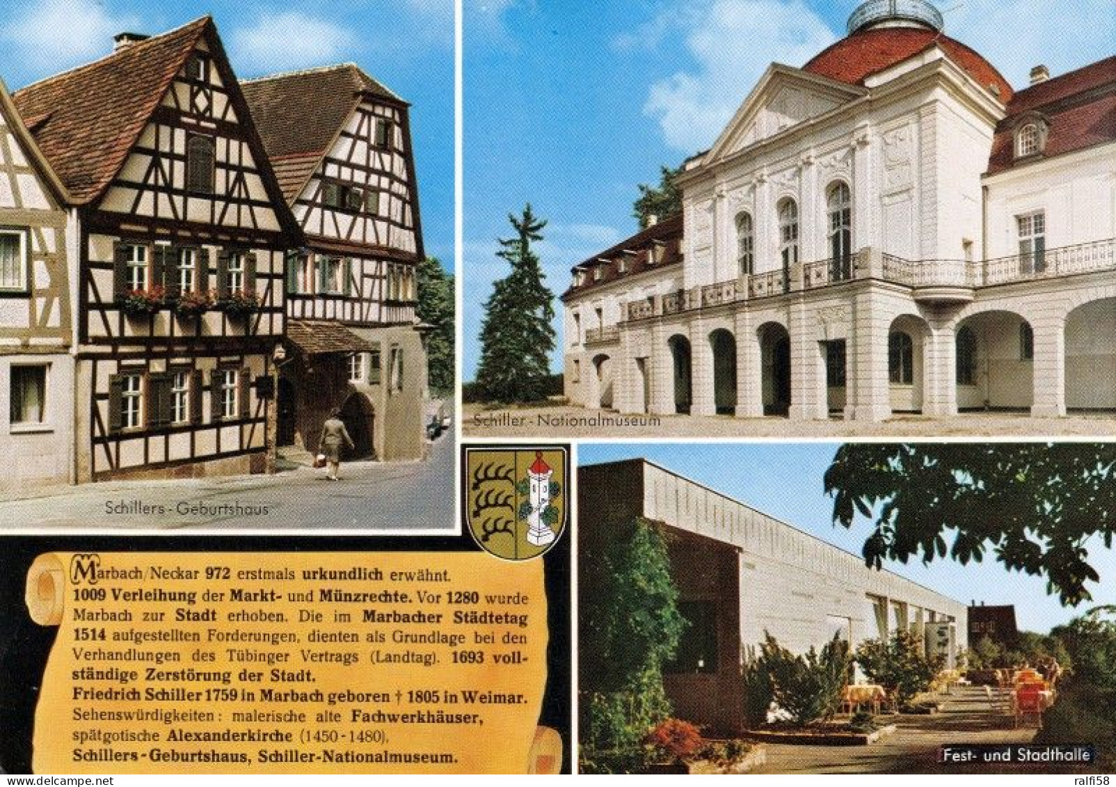 1 AK Germany / B-W * Chronikkarte Der Stadt Marbach Mit Wappen, Schillers Geburtshaus Schiller-Nationalmuseum, Festhalle - Marbach