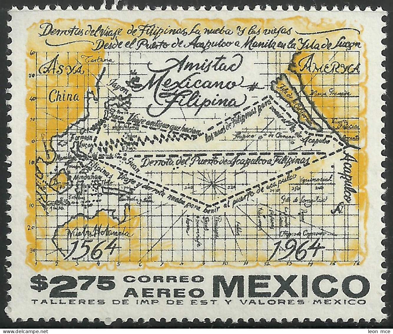 1964 MÉXICO MAPA DEL OCÉANO PACÍFICO Sc. C301 MNH Map Showing 16th. Century Voyages Between Mexico And Philippines - Mexico