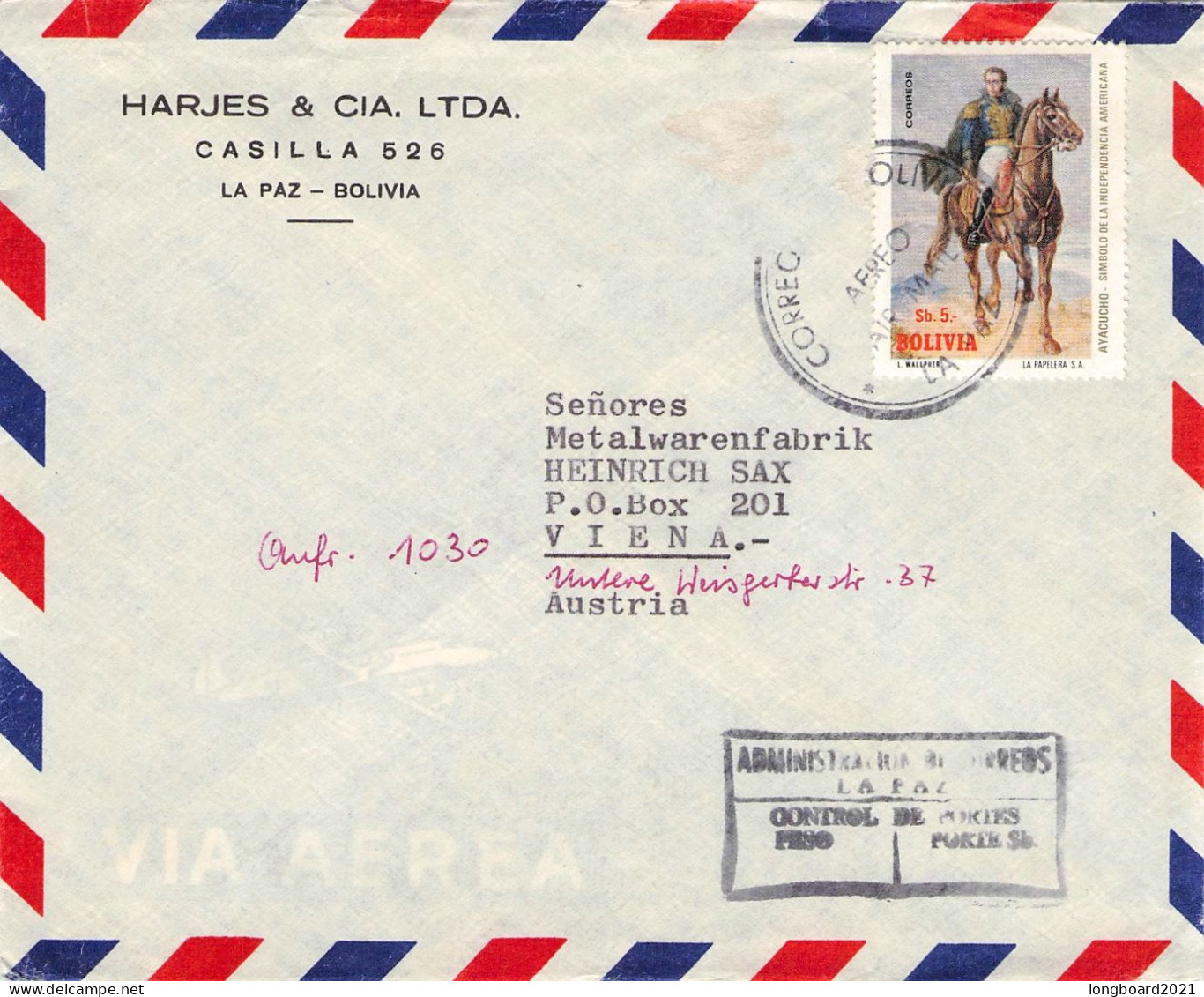 BOLIVIA - AIR MAIL 1975 LA PAZ - WIEN/AT / 6233 - Bolivie