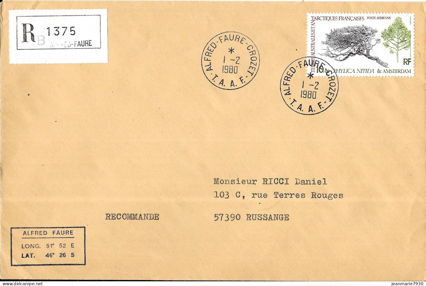 M137 - T.A.A.F - LETTRE RECOMMANDEE LOCALISEE DE ALFRED FAURE CROZET DU 01/02/80 - Covers & Documents