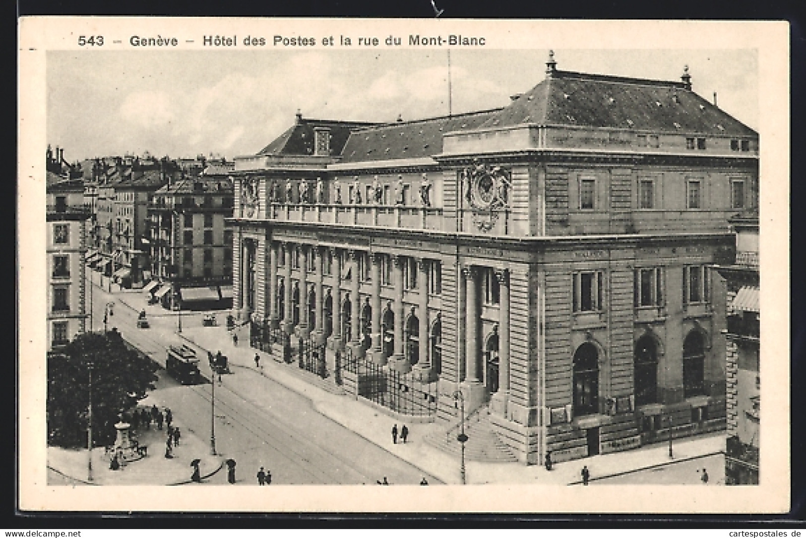 AK Genéve, Hôtel Des Postes Et La Rue Du Mont-Blanc, Strassenbahn  - Tram