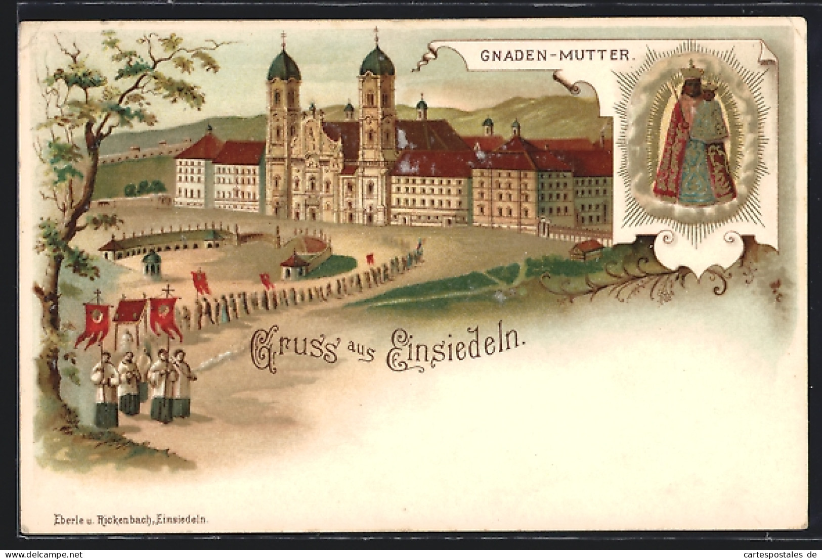 Lithographie Einsiedeln, Procession Vom Kloster, Bildnis Gnaden-Mutter  - Einsiedeln