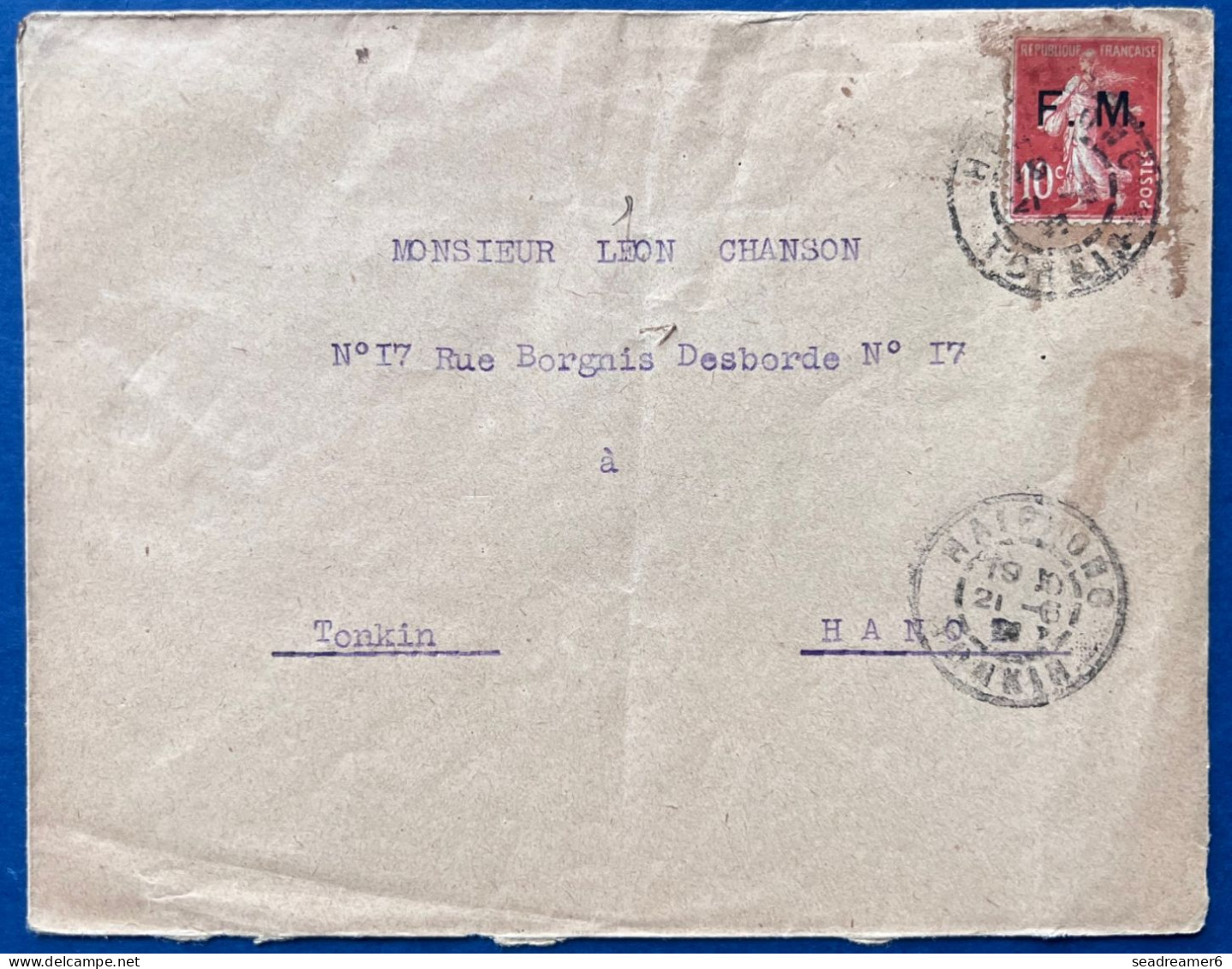 Lettre FM N°5 10c Rouge Oblitération " HAIPHONG TONKIN " Du 21/6/1921 Pour HANOI Usage Interieur - Lettres & Documents