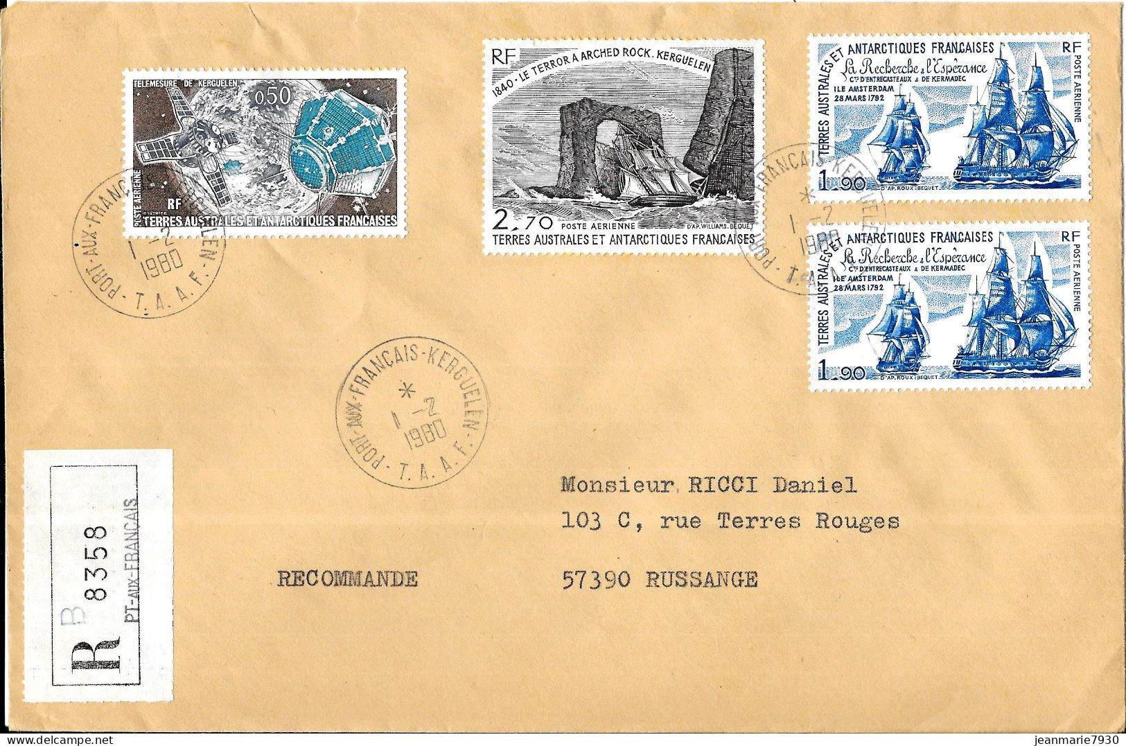 M136 - T.A.A.F - LETTRE RECOMMANDEE DE PORT AUX FRANCAIS KERGUELEN DU 01/02/80 - Cartas & Documentos