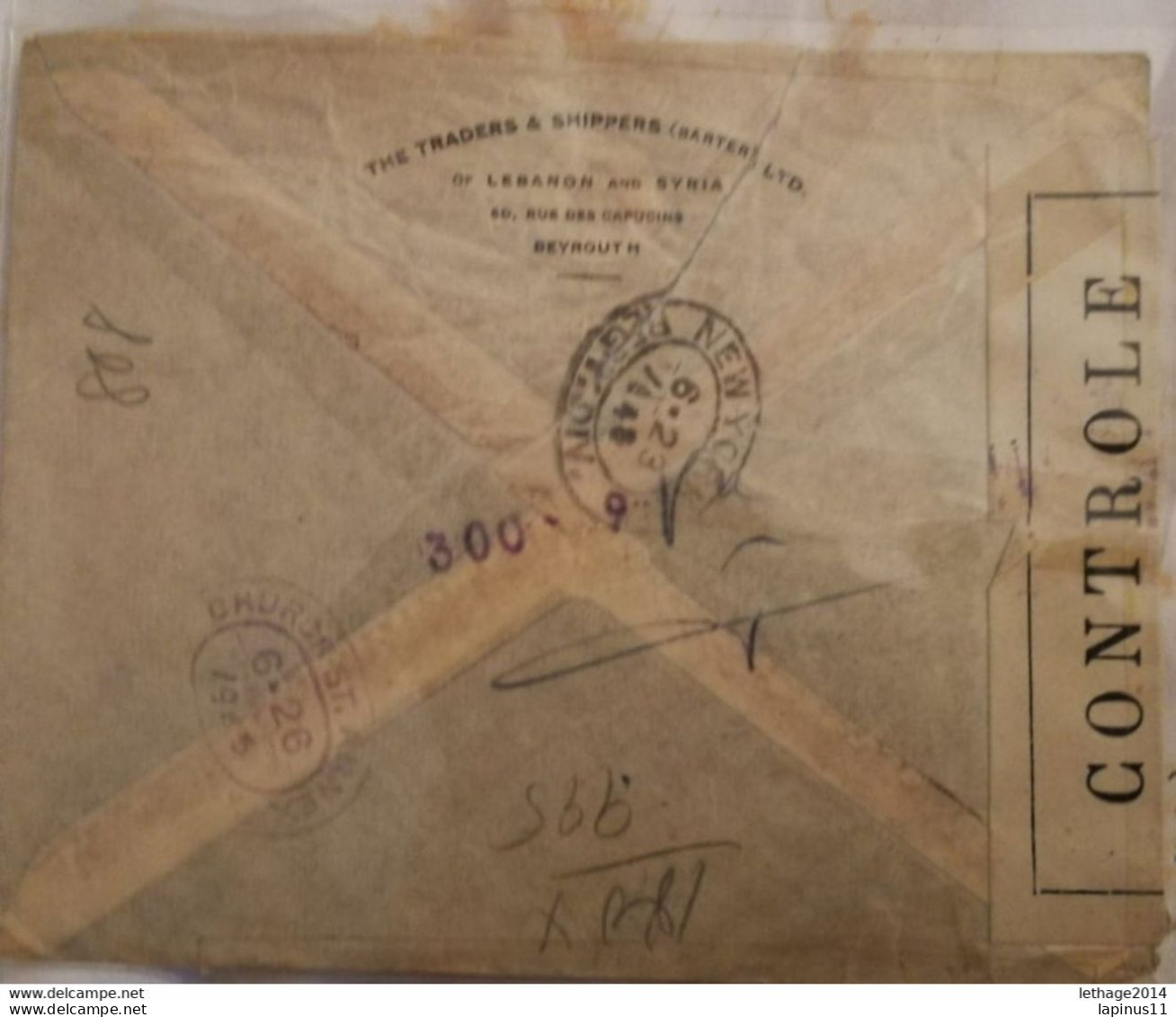 Liban ,Lebanon 1945 REGISTER MAIL BEYROUTH TO NEW YORK +ERROR OVERPRINTED CONTROLE - Libanon