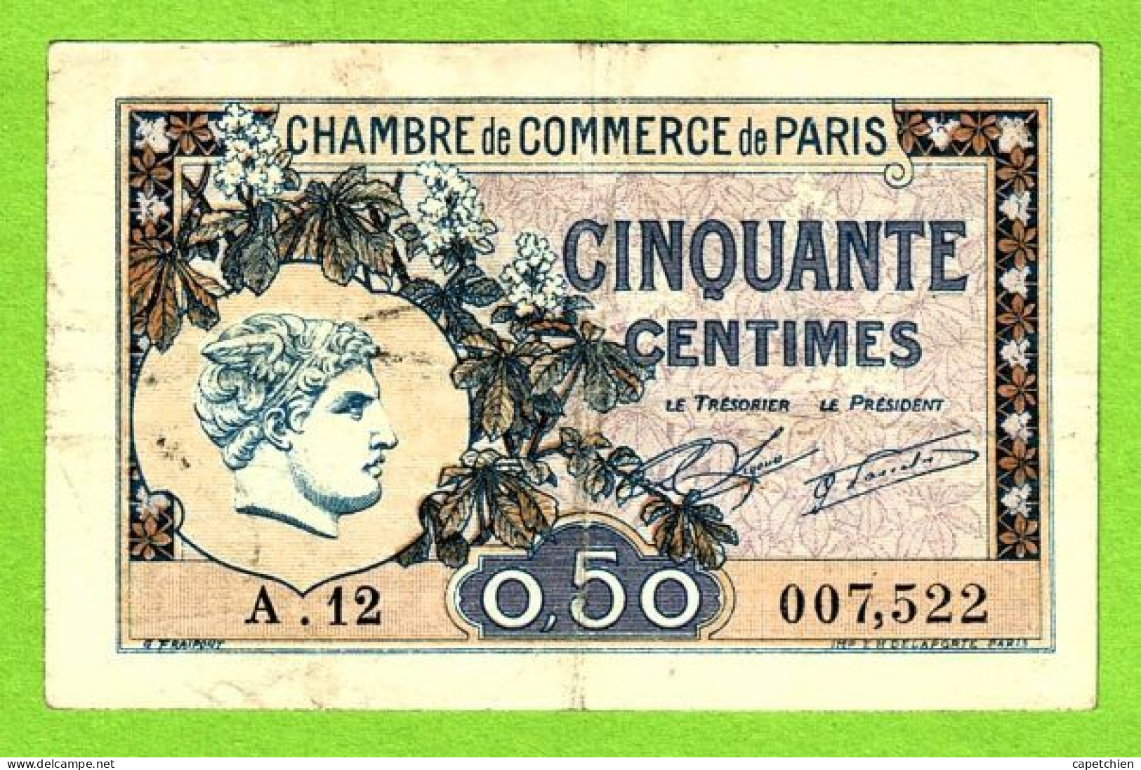 FRANCE / CHAMBRE De COMMERCE De PARIS / 50 CENT. / 10 MARS 1920 / N° 007,522 / SERIE A 12 - Cámara De Comercio